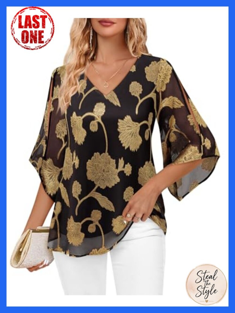 Ruffle 3/4 Sleeve V-Neck Double Layer Chiffon Blouse Tunic